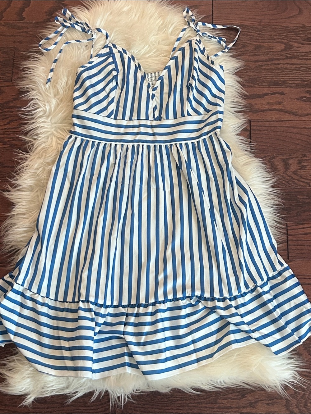 SHEIN Holidaya Blue & White Striped Ruffle Hem V-Neck Tie Strap Casual Dress